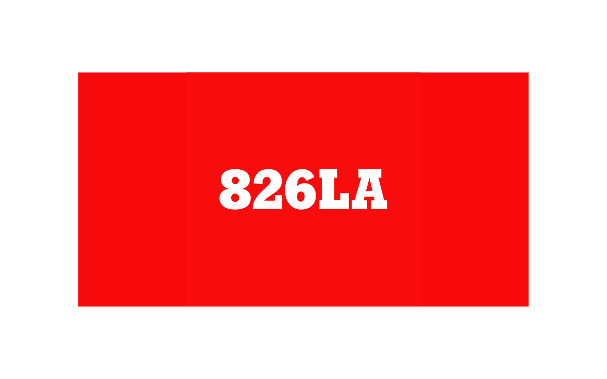 Bold red banner with "826LA" in large white letters, representing a youth-focused literacy and writing organization.