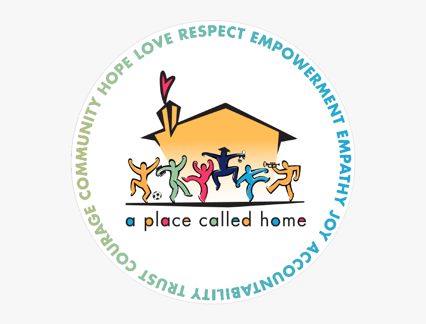 Colorful logo of "A Place Called Home," depicting diverse figures celebrating community values like empowerment and respect.
