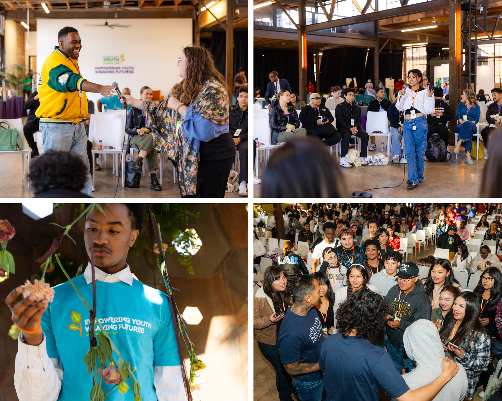 Collage of four photos from the Los Angeles County Youth Development event. Top left: two people smiling and exchanging a microphone during a discussion session. Top right: a young speaker addressing a seated audience in a large industrial-style venue. Bottom left: a participant wearing a blue 'Empowering Youth, Weaving Futures' shirt holding a flower among hanging plants. Bottom right: a large group of young attendees standing in a circle, engaging in conversation and smiling.